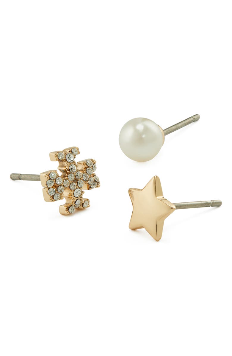 Tory Burch Kira Set of 3 Stud Earrings, Alternate, color, Tory Gold / Crystal / Pearl
