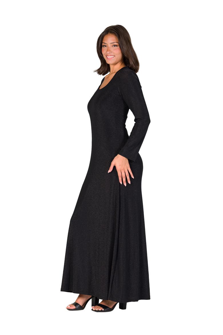 Long Sleeve Scoop Neck Shimmery Fabric Maxi Dress, Alternate, color, Black