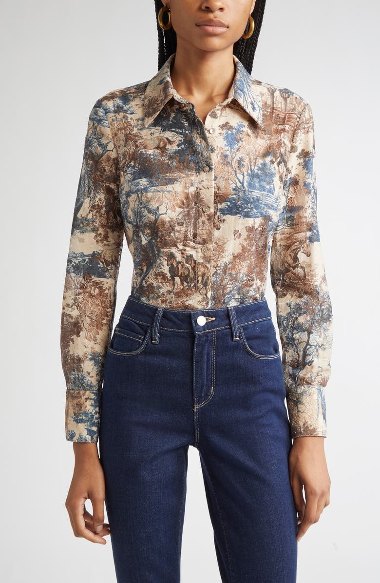 L'AGENCE Maia Printed Lace Button-Up Shirt, Main, color, Tan Mountain Western Toile
