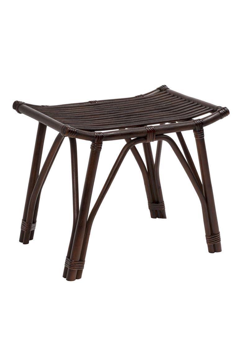 Gabriel Handcrafted Rattan and Solid Wood Backless Vanity Stool, Bohemian Accent Ottoman Footstool for Living Room, Main, color, Dark Brown