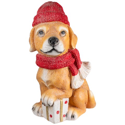 Glittery Dog with Gift Wearing Scarf and Hat Christmas Decoration - 15"