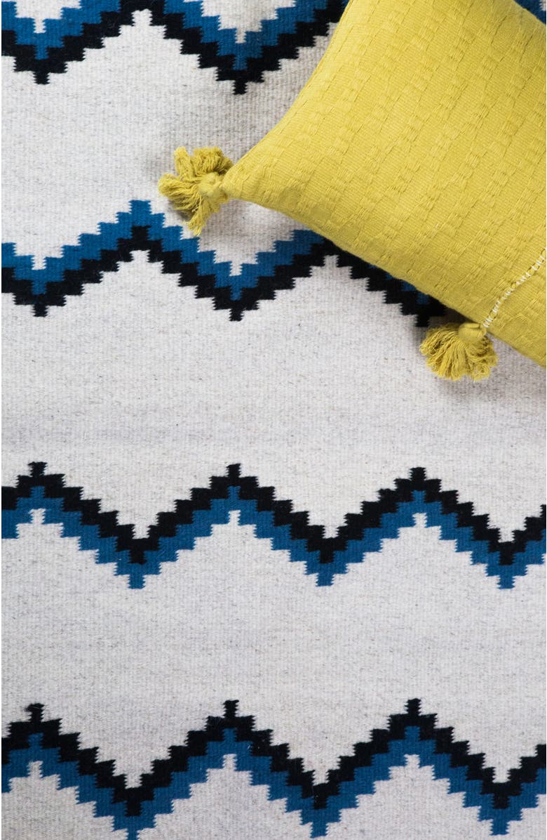 Archive New York Zapotec Blue and Black Zig Zag Handwoven Flatweave Wool Rug, Alternate, color, Blue