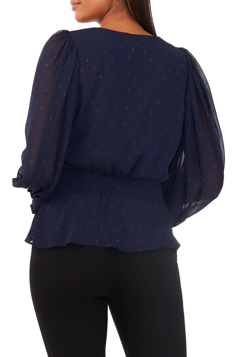 Chaus Smock Waist Peplum Metallic Clip Dot Blouse, Alternate, color, Navy