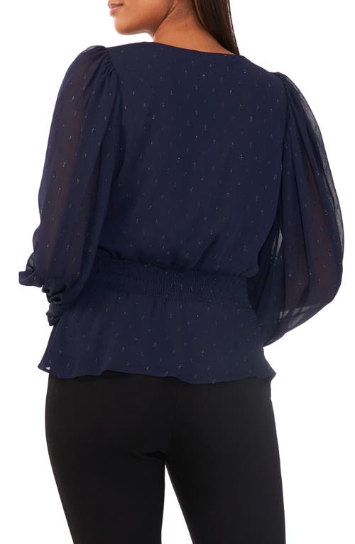 Chaus Smock Waist Peplum Metallic Clip Dot Blouse In Blue