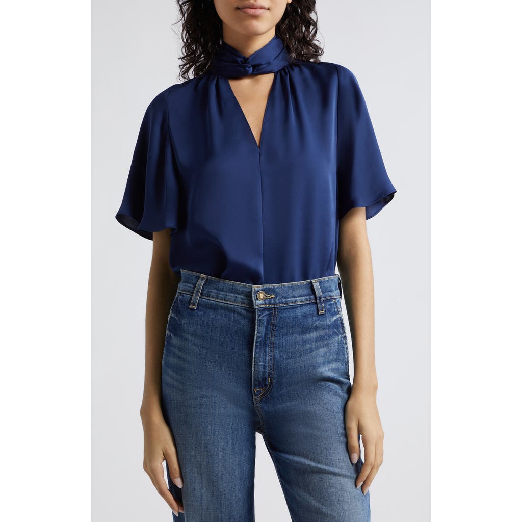 Ramy Brook Freda Satin Flutter-sleeve Blouse In Blue