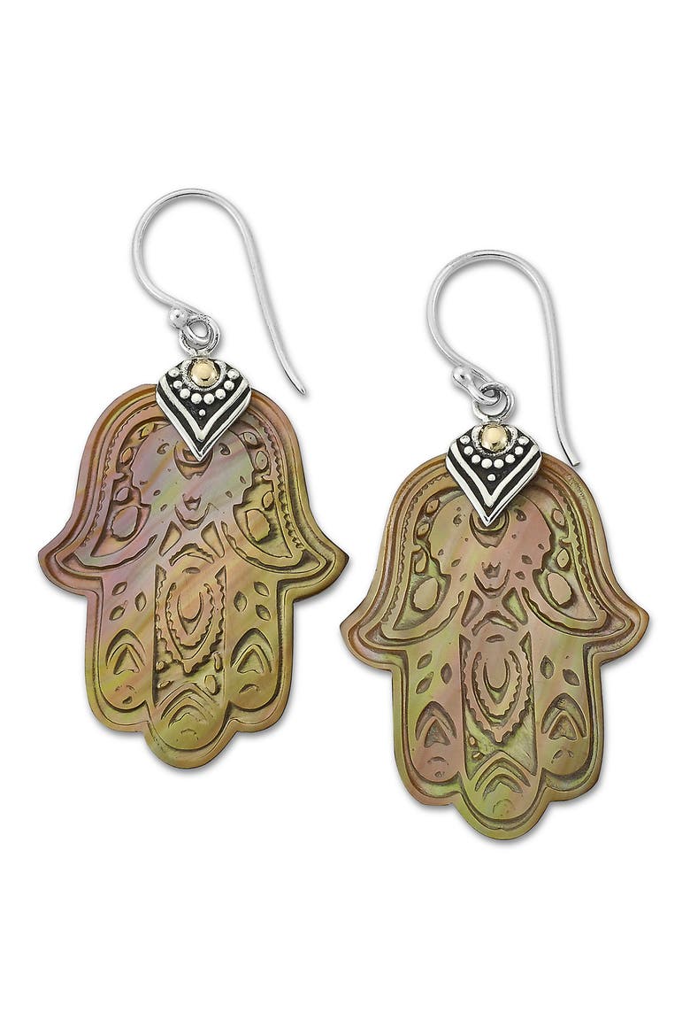 Mother-of-Pearl Hamsa Two-Tone Drop Earrings, Main, color, GREY