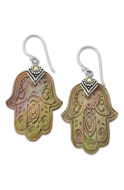 Mother-of-Pearl Hamsa Two-Tone Drop Earrings