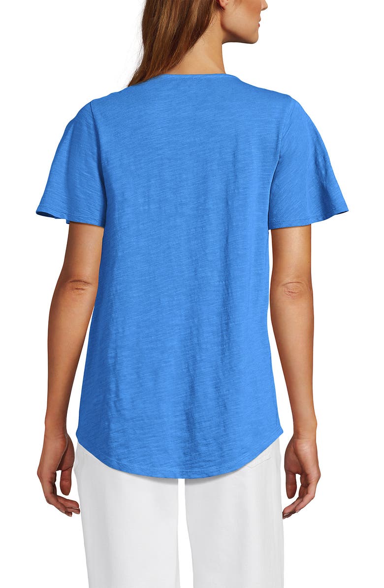 Lands' End Slub Flutter Sleeve Lace Trim Notch Neck Tunic Top, Alternate, color, Muted Cobalt Blue