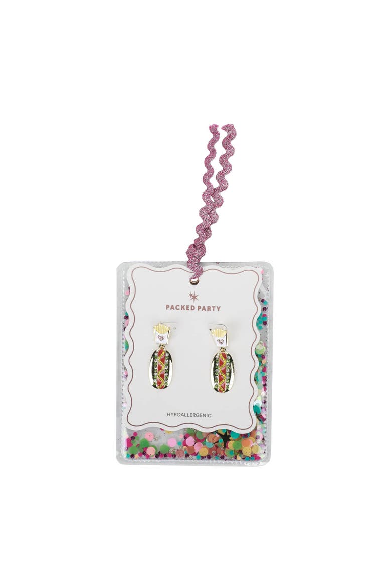 Hot Dog and Fries Rhinestone Drop Earrings - Hypoallergenic Gold-Tone Post with Enamel Epoxy Novelty Design, 1.75 Inch, Alternate, color, Multicolor