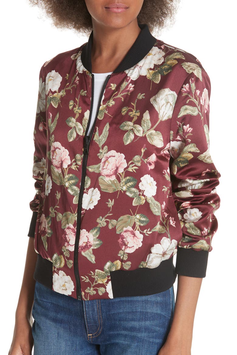 Lonnie Reversible Silk Bomber Jacket, Alternate, color, HAZY FLORAL WINE/ LEOPARD