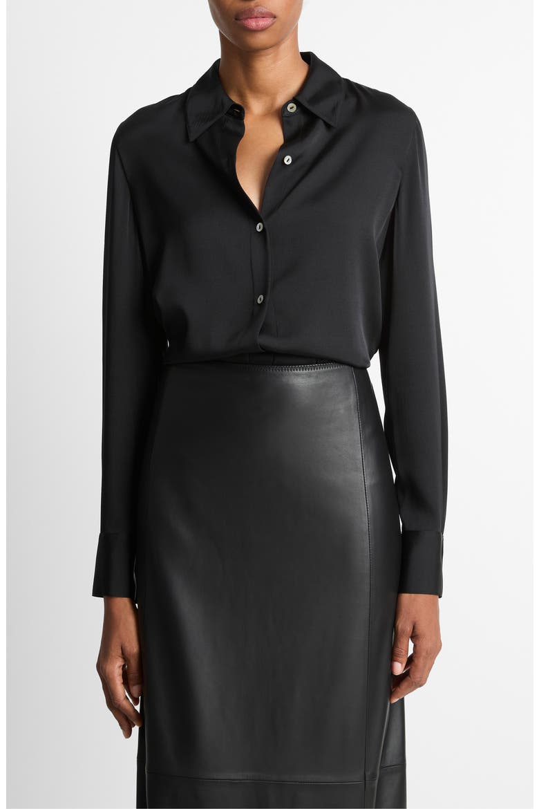 Slim Fit Silk Blend Button-Up Shirt, Main, color, BLACK