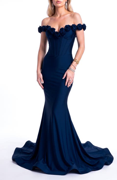 Rosette Off-Shoulder Corset Mermaid Gown