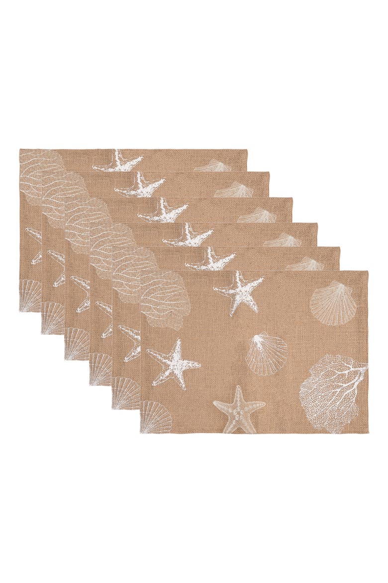Sandy Coast Starfish Coral Shells Placemats Set of 6 Beach Coastal, 14" x 20", Main, color, Brown