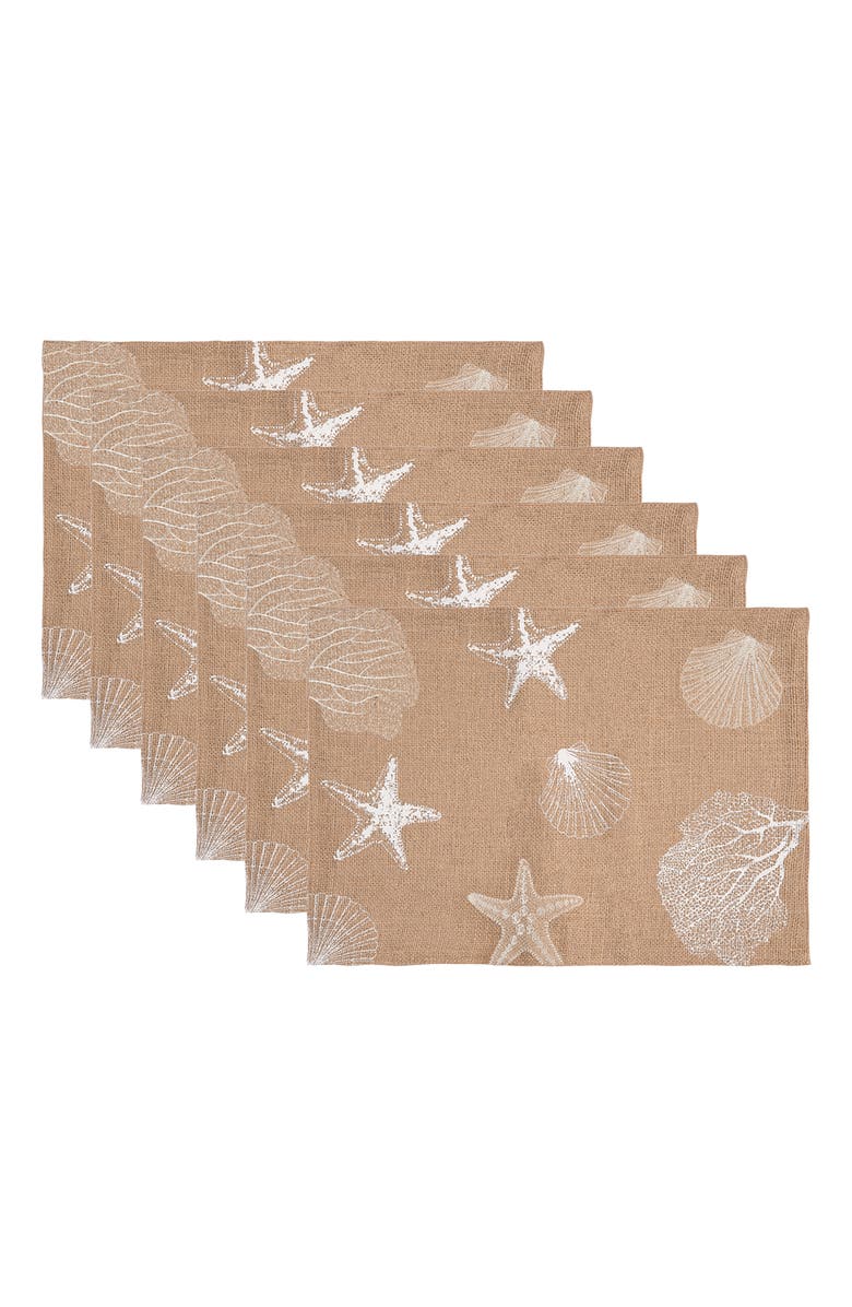 C&F Home Sandy Coast Starfish Coral Shells Placemats Set of 6 Beach Coastal, 14" x 20", Main, color, Brown