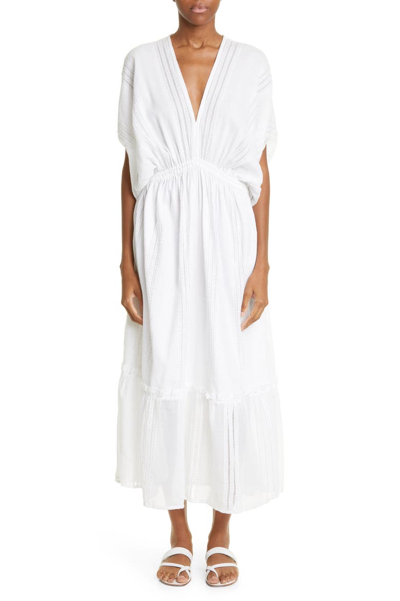 Abira Empire Waist Tiered Cotton Blend Cover-Up Maxi Dress, Main, color, WHITE
