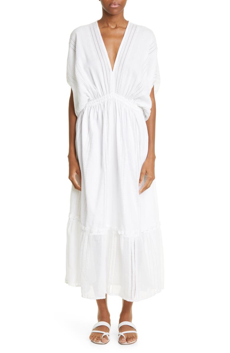 lemlem Abira Empire Waist Tiered Cotton Blend Cover-Up Maxi Dress, Main, color, White