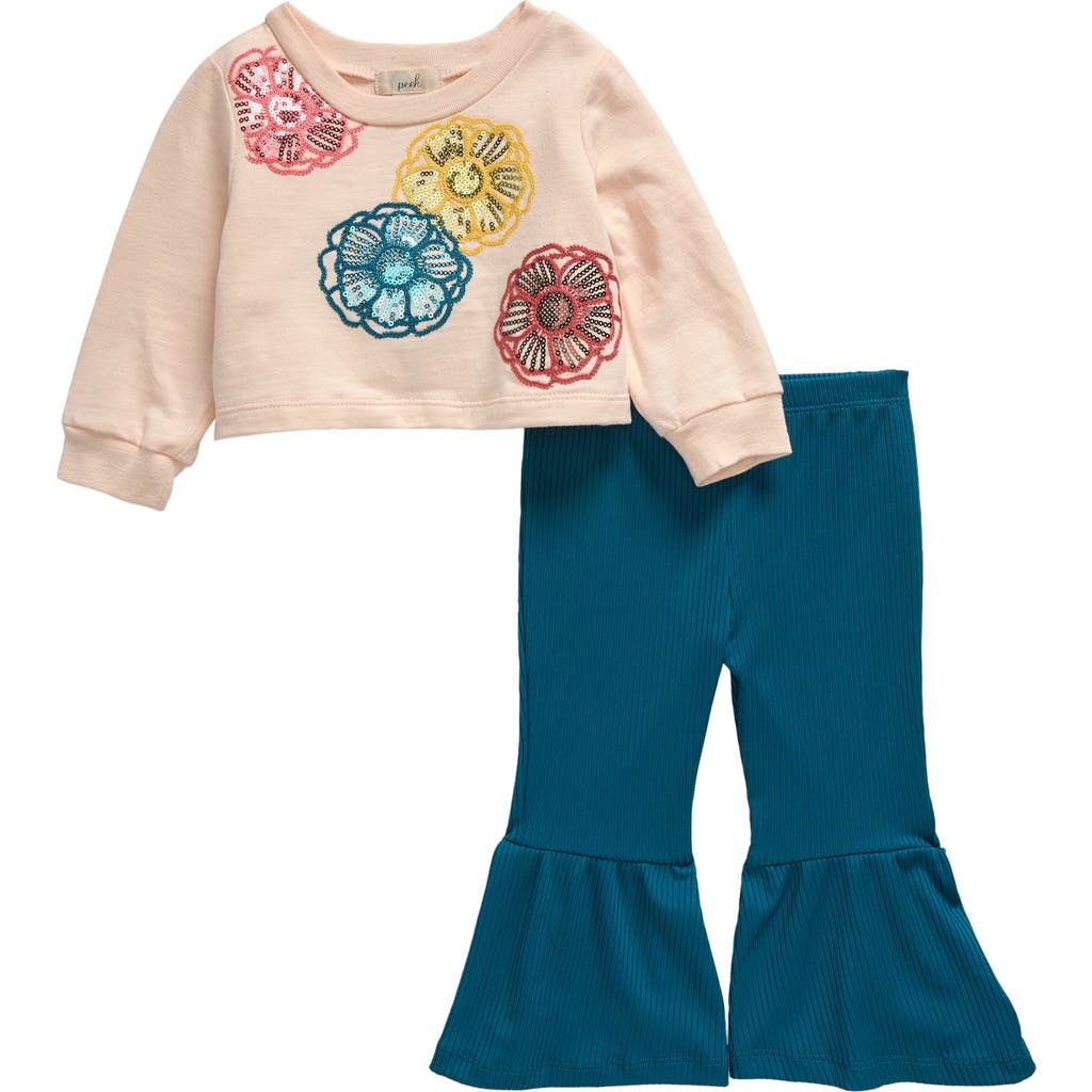 Peek Essentials Flowers Embroidered Long Sleeve Top & Flare Pants Set in Light Peach