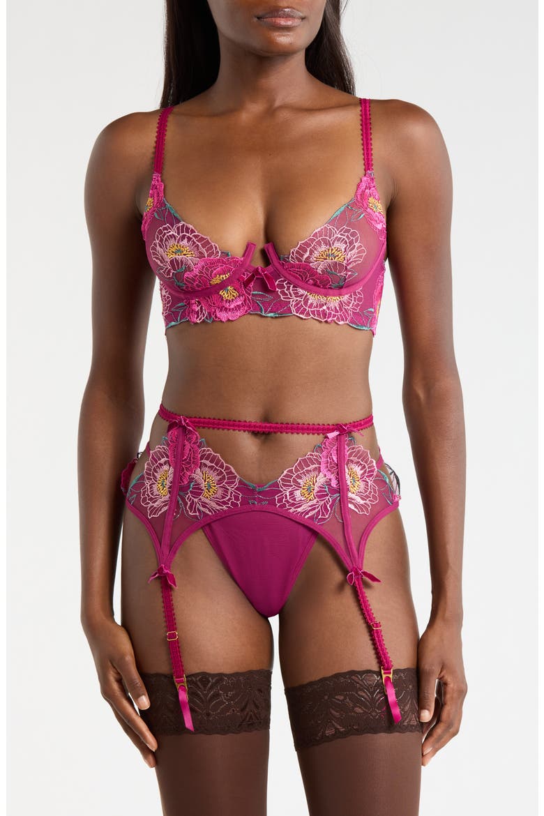 Underwire Bra, G-String & Garter Belt Set, Main, color, DHALIA