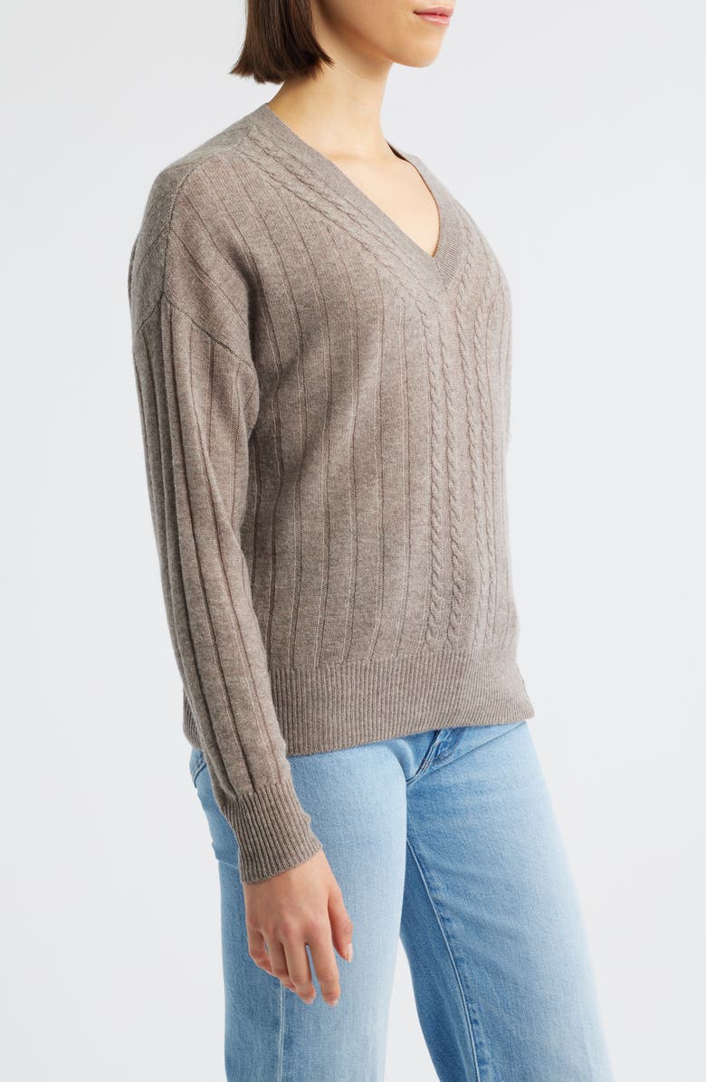 Griffen Cable Wool & Cashmere V-Neck Sweater, Alternate, color, Mink