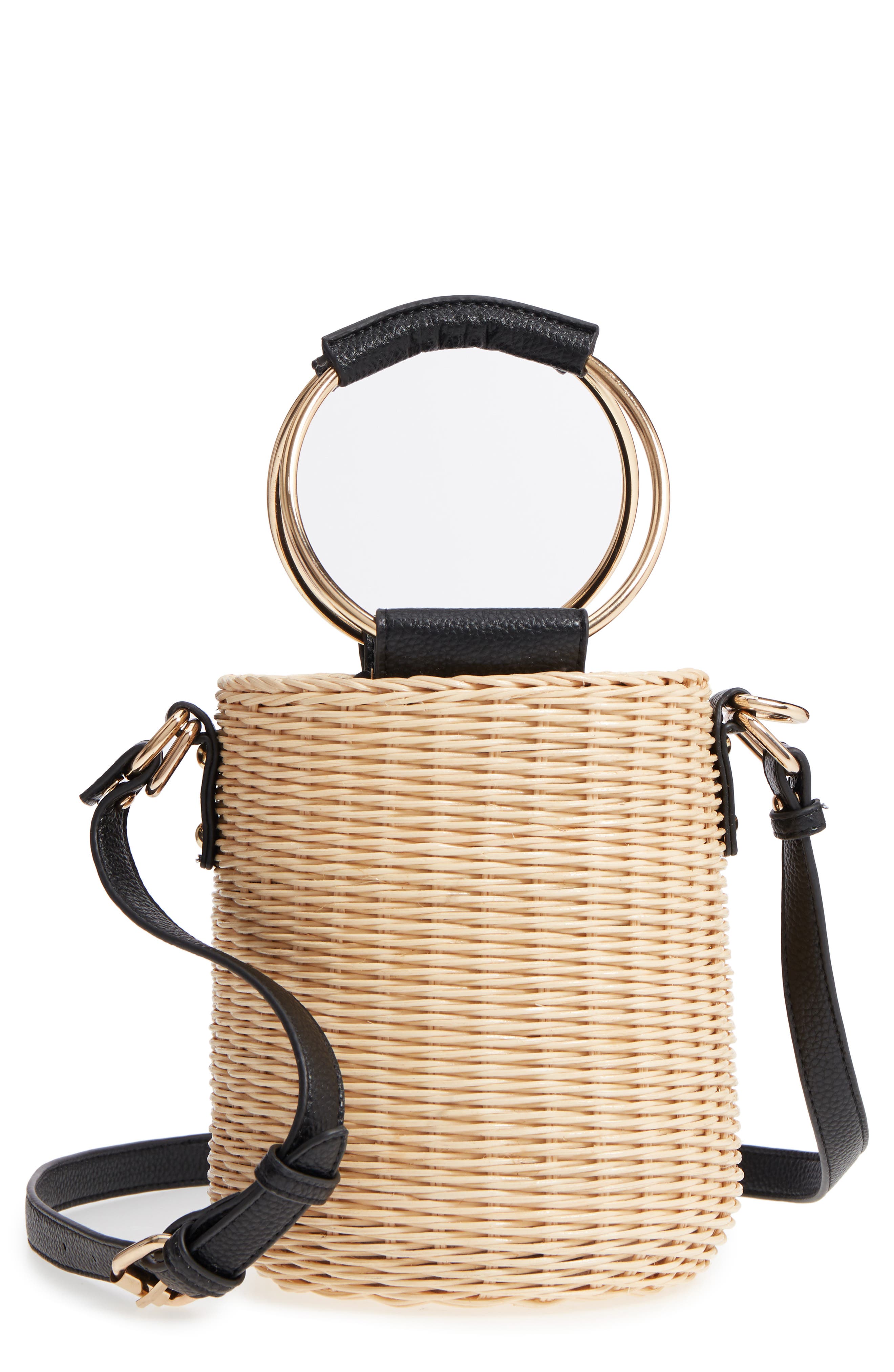 Metal Handle Straw Bucket Bag, Main, color, BEIGE/ BLACK