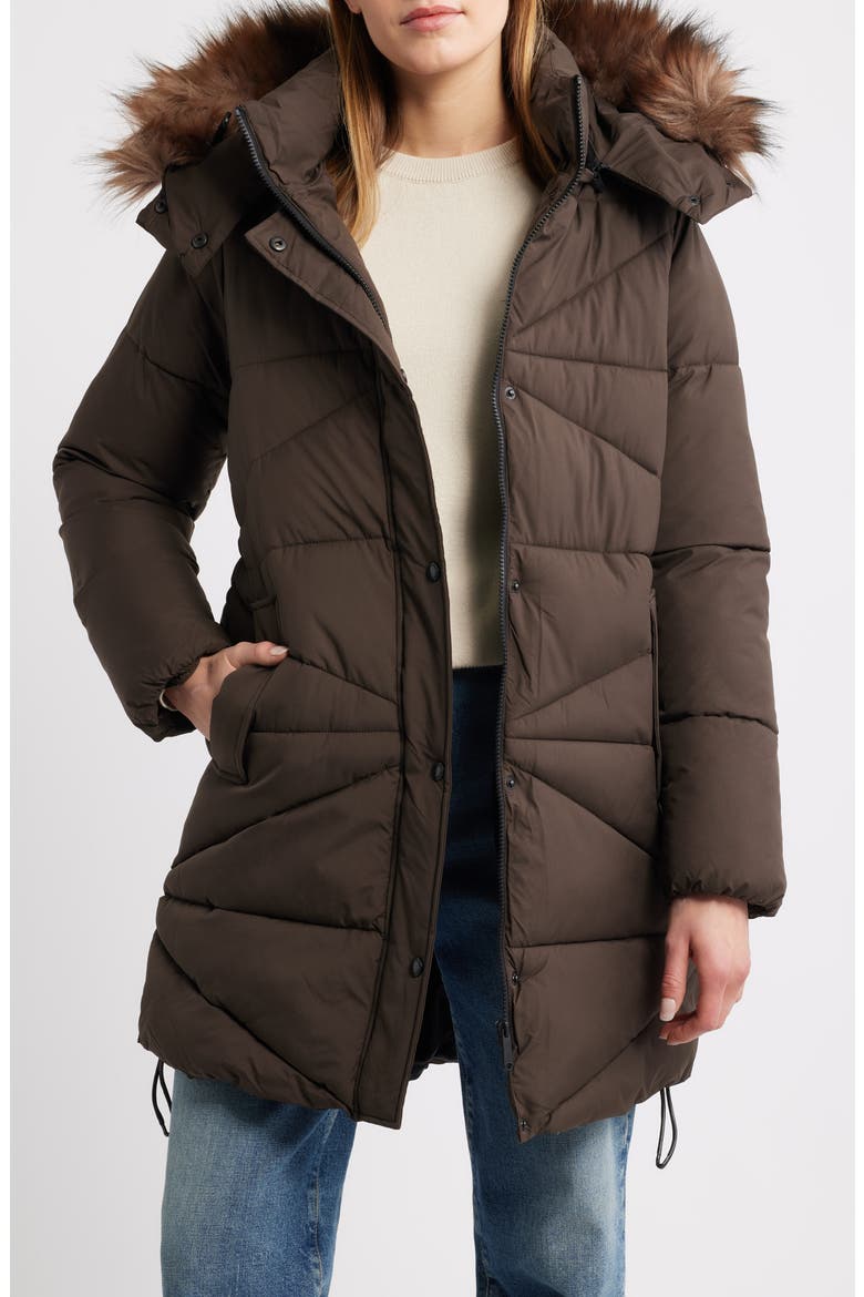 Faux Fur Trim Hooded Quilted Jacket, Main, color, CAFE NOIR