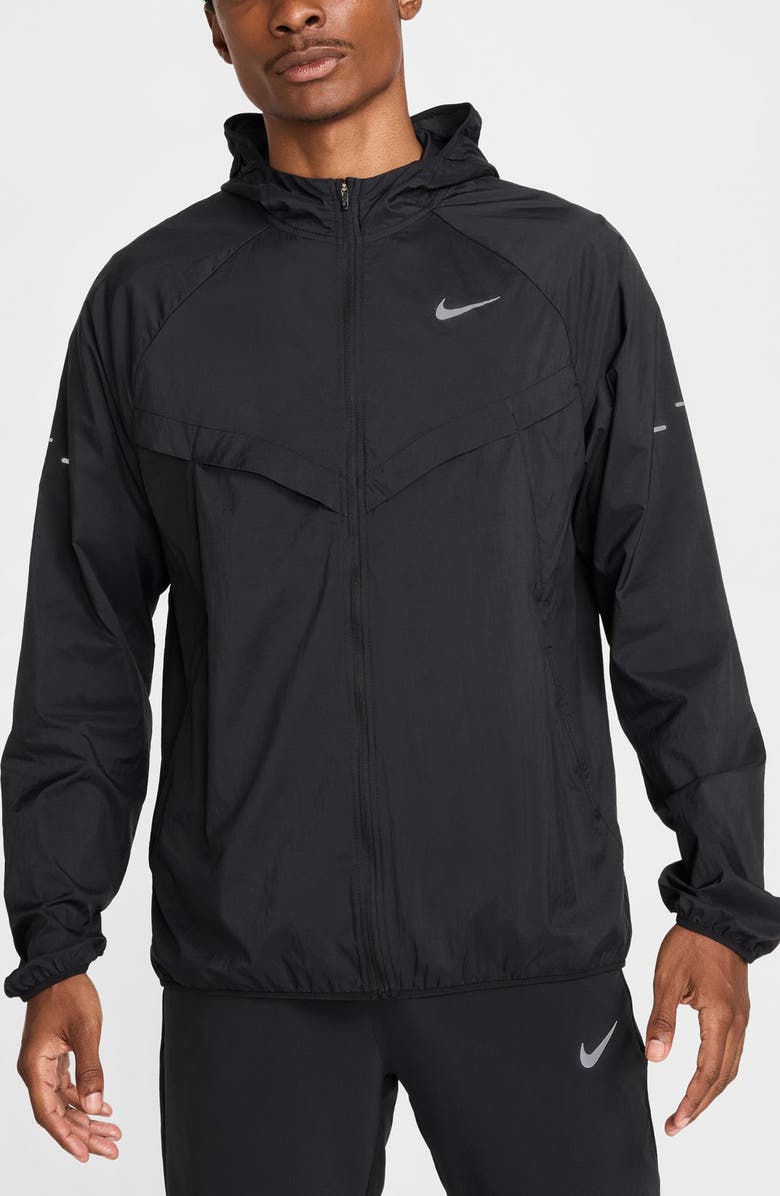 Nike Stride Dri-FIT UV Hooded Running Jacket, Main, color, 010 Black/Refsil