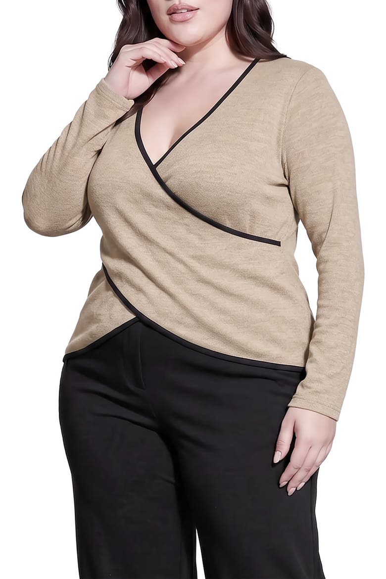 Contrast Long Sleeve Wrap Front Top, Alternate, color, KHAKI