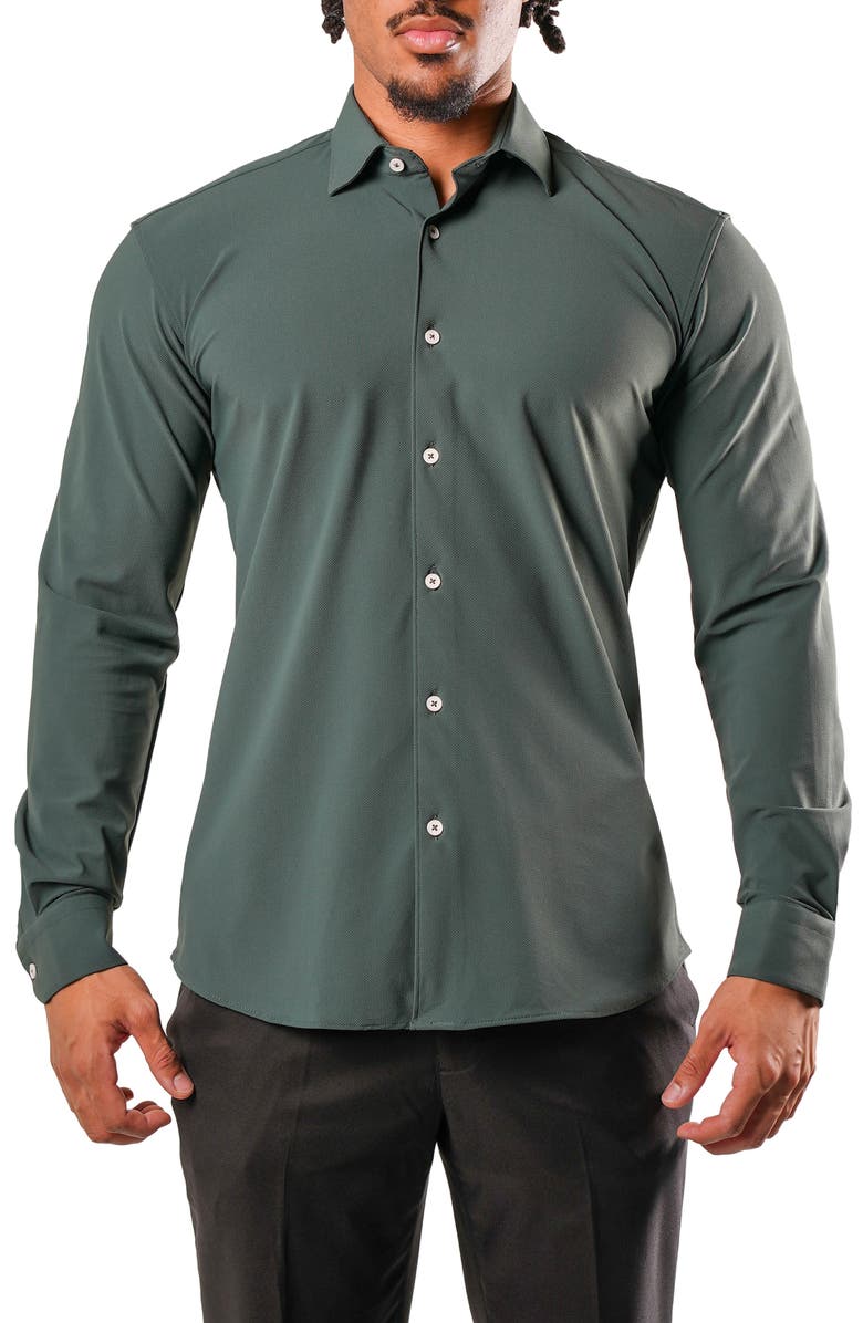Maceoo Fibonacci Green Micropattern Stretch Cotton Blend Button-Up Shirt, Main, color, Green