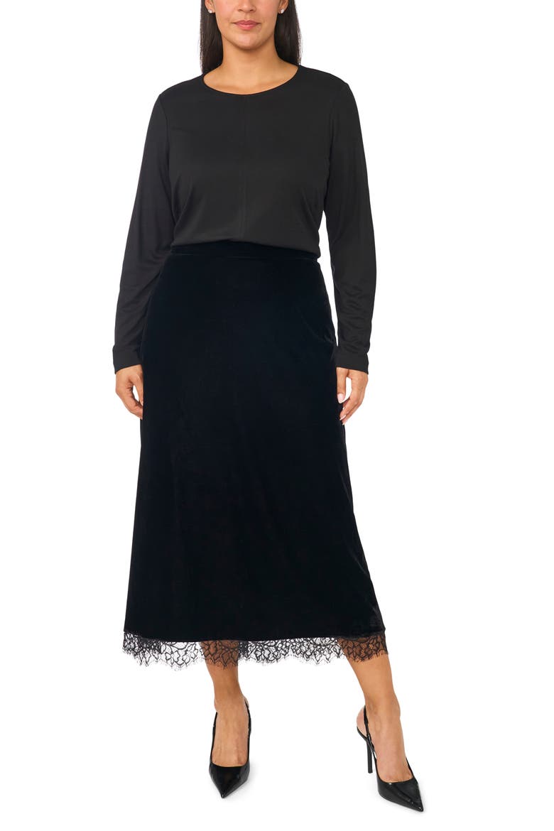 Lace Trim Velvet Midi Skirt, Alternate, color, RICH BLACK 060