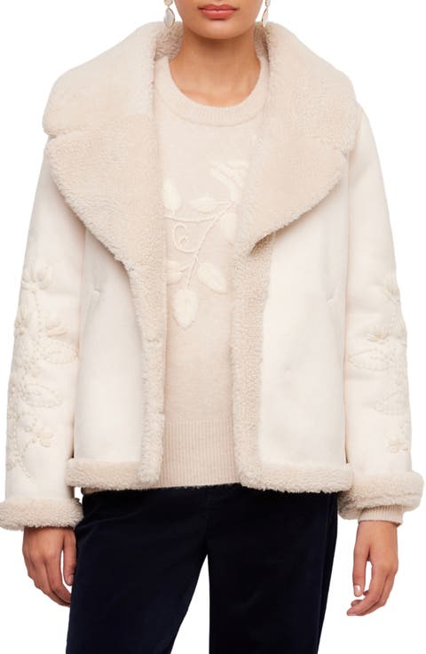 Embroidered Faux Suede & Faux Shearling Coat