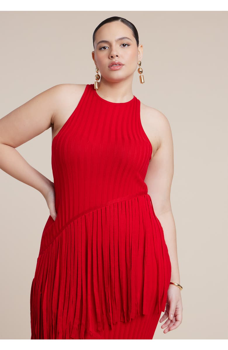 ELOQUII Ribbed Fringe Maxi Dress, Alternate, color, Goji Berry