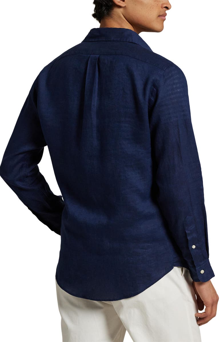 Classic Fit Solid Navy Short Sleeve Linen Button-Down Shirt