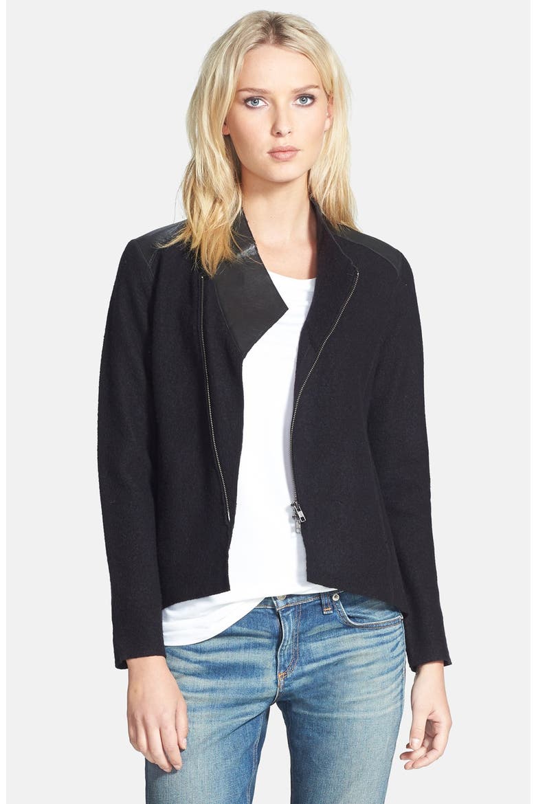 Leather Trim Merino Wool Jacket, Main, color, BLACK