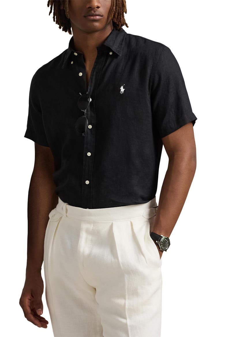Solid Black Short Sleeve Linen Button-Down Shirt, Main, color, POLO BLACK