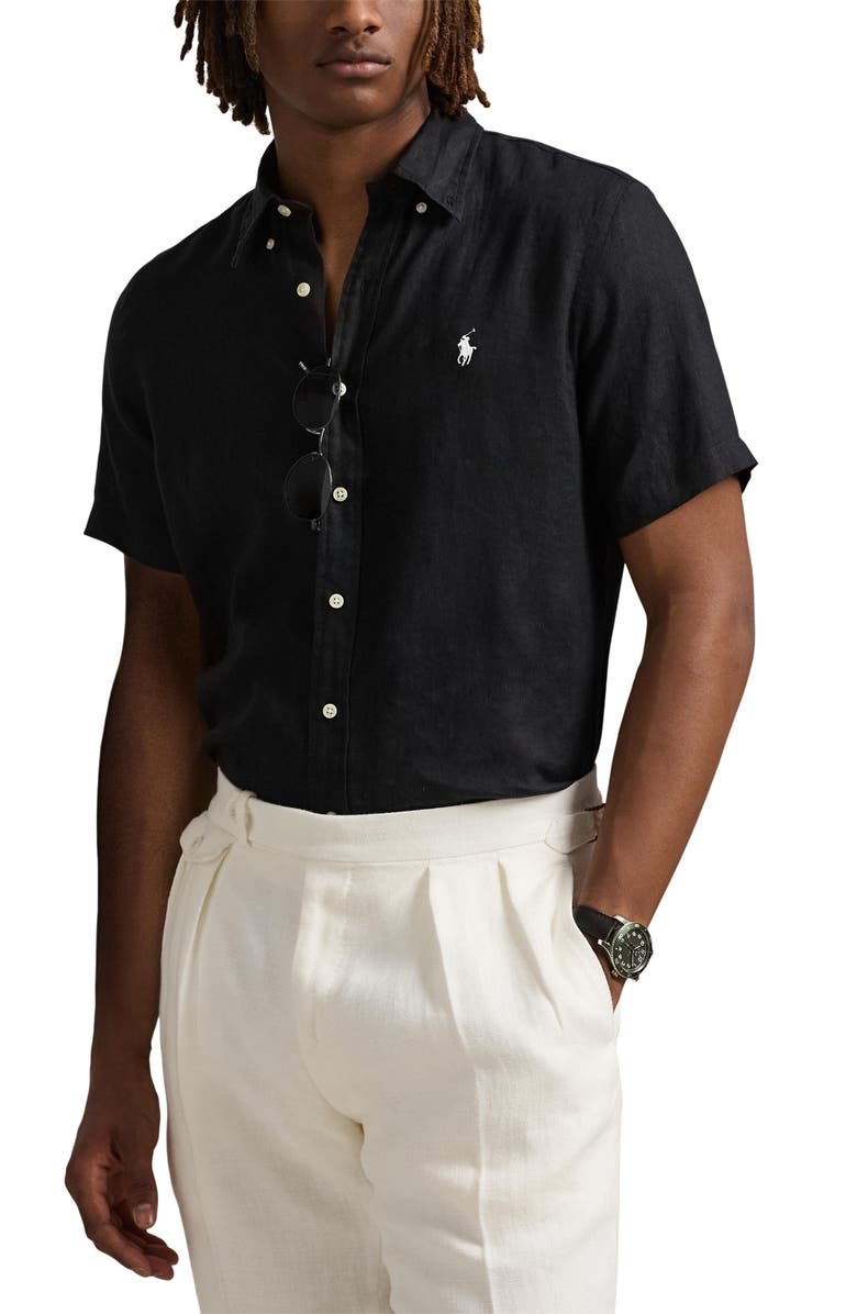Polo Ralph Lauren Solid Black Short Sleeve Linen Button-Down Shirt, Main, color, Polo Black