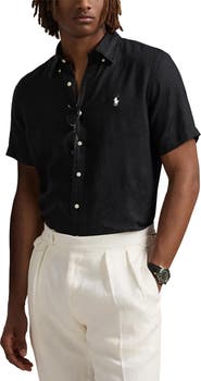 Polo Ralph Lauren Solid Black Short Sleeve Linen Button-Down Shirt