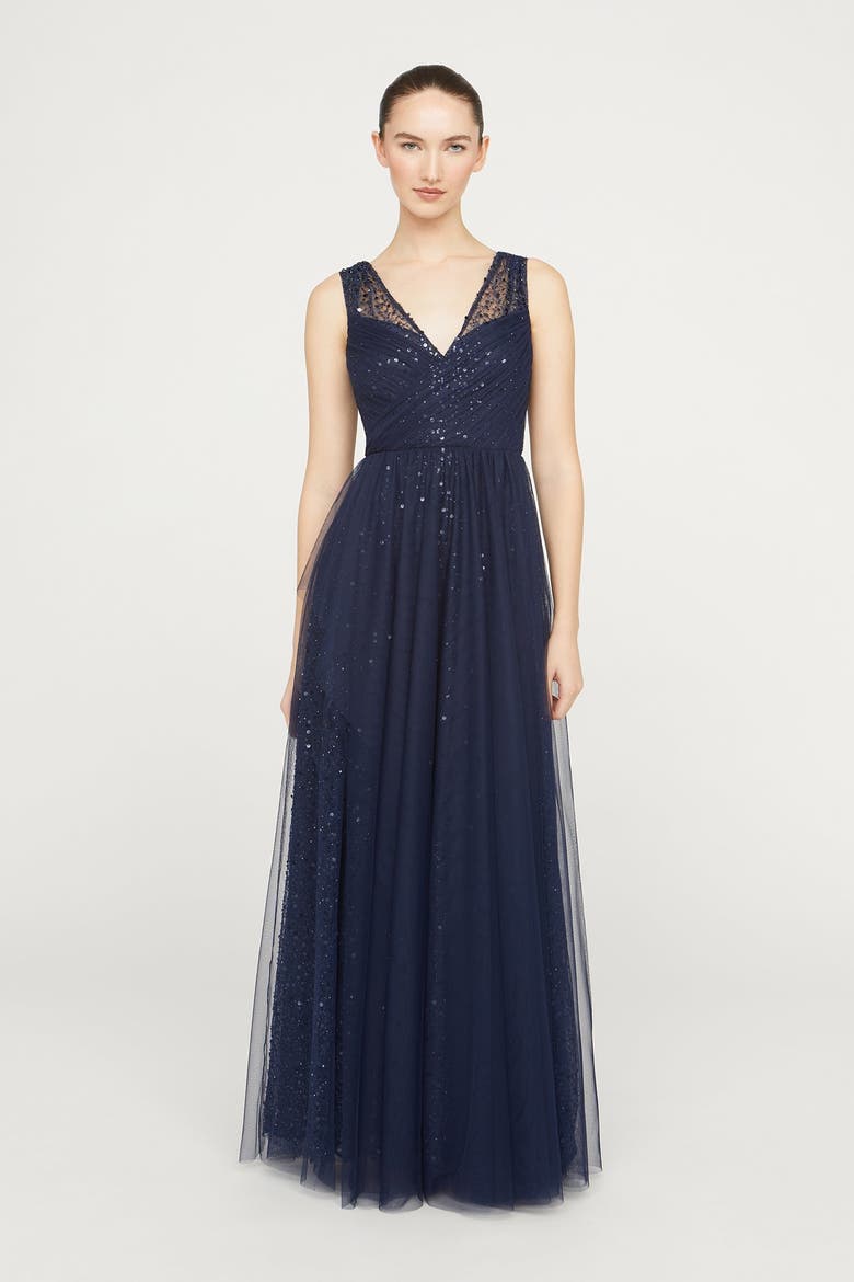 Kiana Beaded V-Neck Gown, Main, color, Navy