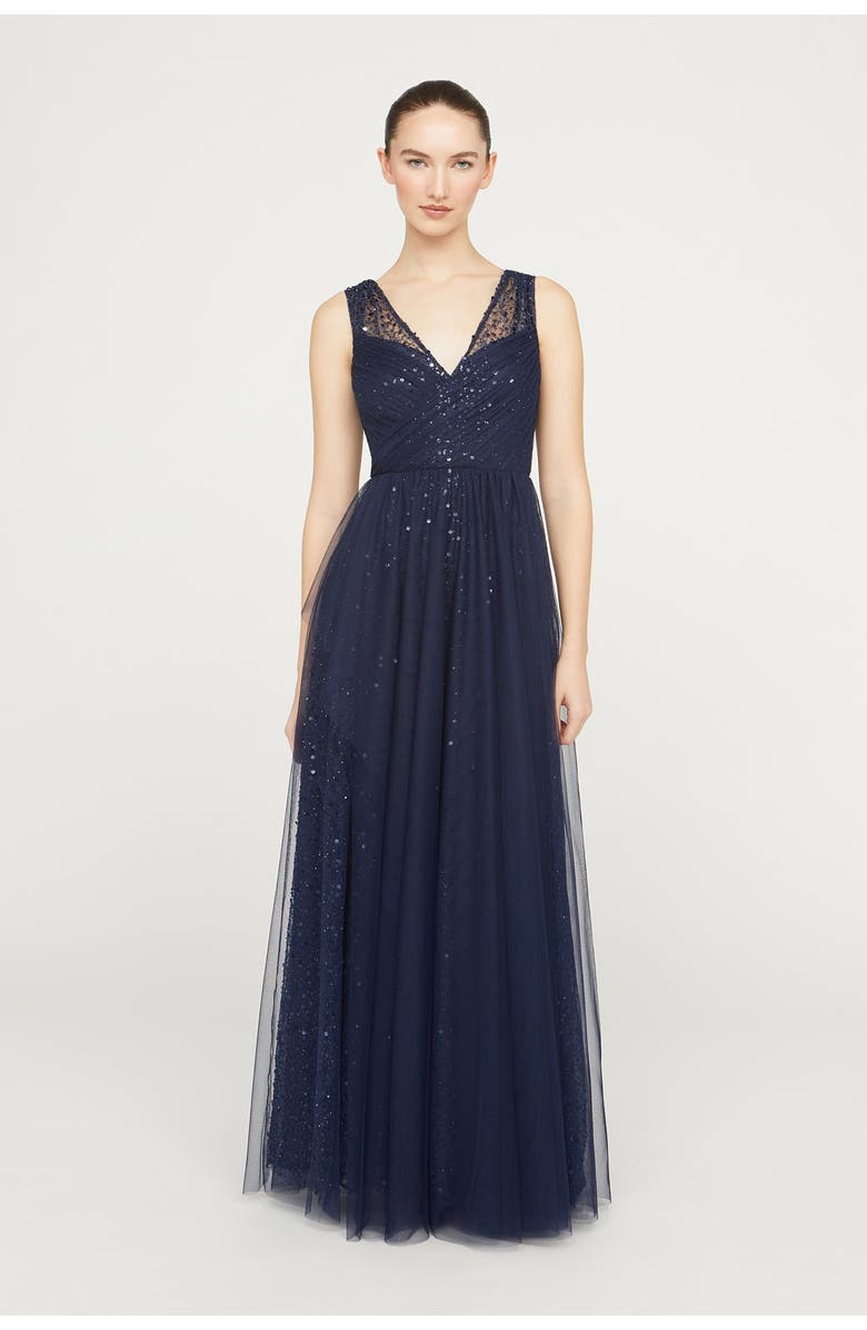 Theia Kiana Beaded V-Neck Gown, Main, color, Navy