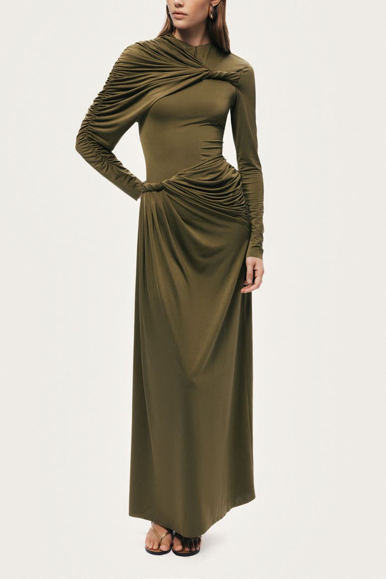 Draped Long Sleeve Maxi Dress, Main, color, Olive Green