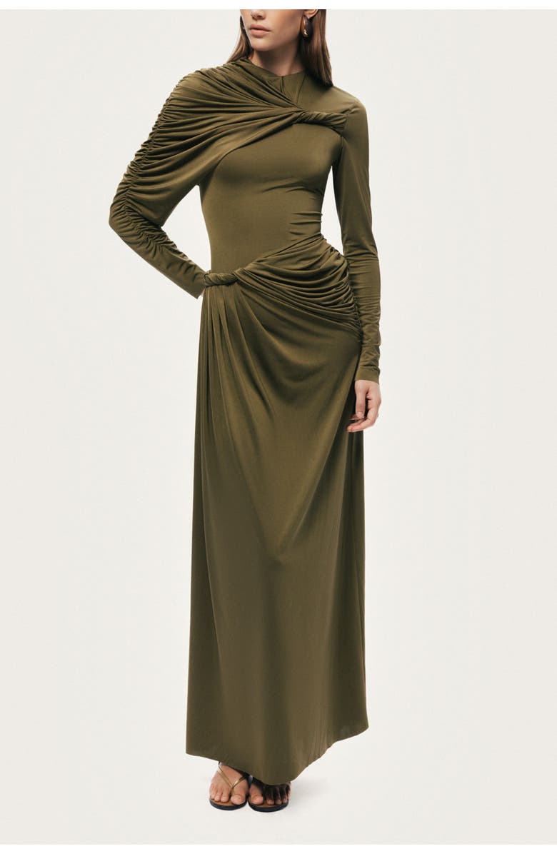 Nocturne Draped Long Sleeve Maxi Dress, Main, color, Olive Green