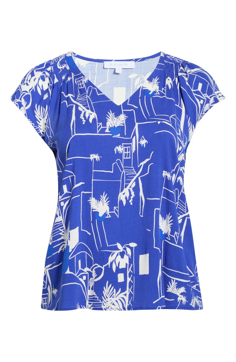 SUGARLIPS Town Print Smocked Top, Alternate, color, White/ Blue Multi
