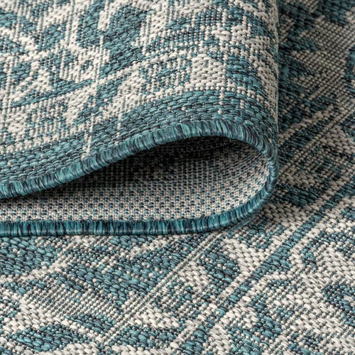 Jonathan Y Palazzo Vine And Border Textured Weave Indoor/outdoor Round Area Rug In Teal/gray