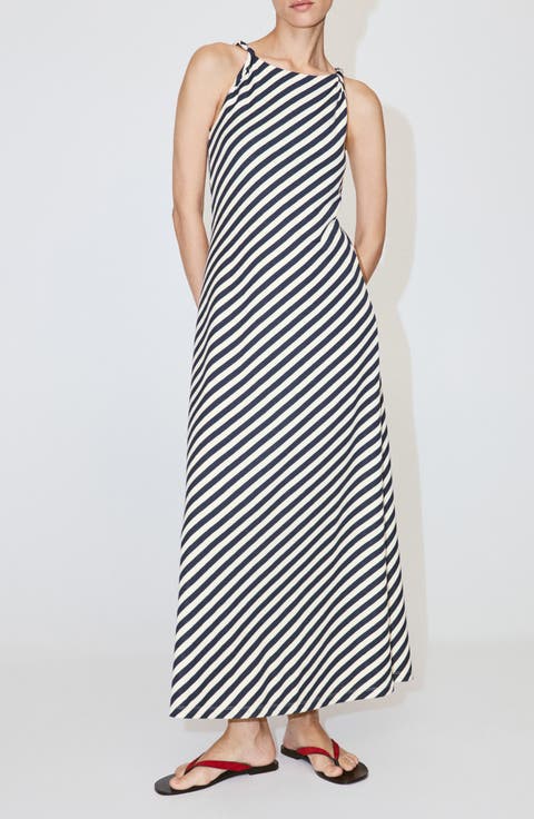 Striped Draped Neck Knit Midi Dress