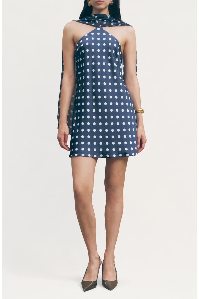 Hendrix Polka Dot Halter Neck Minidress with Removable Scarf, Main, color, NAVY WHITE DOTS