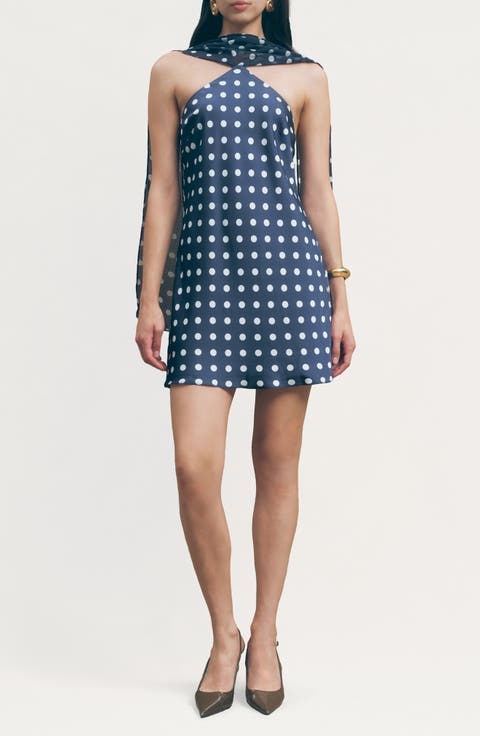 Hendrix Polka Dot Halter Neck Minidress with Removable Scarf
