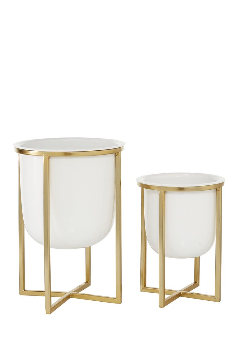 White Metal Contemporary Planter with Removable Stand - Set of 2, Main, color, WHITE
