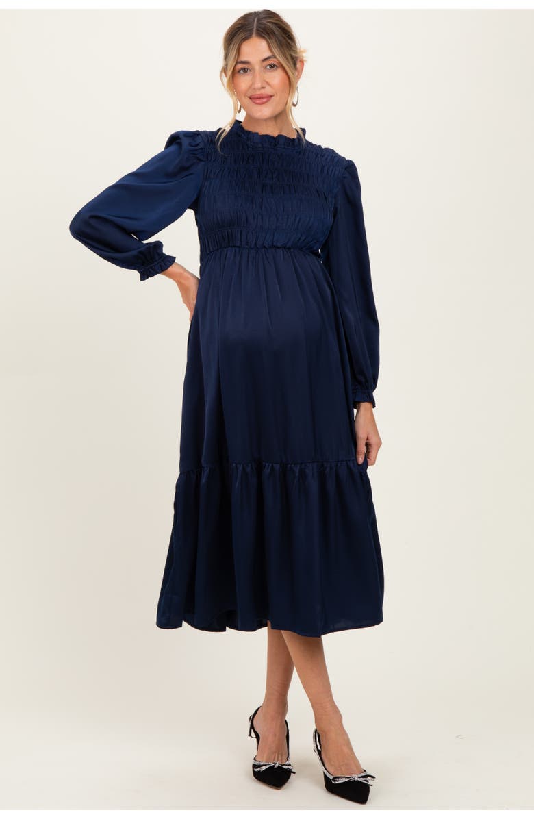 PinkBlush Mock Neck Satin Smocked Chest Dress, Main, color, Navy Blue