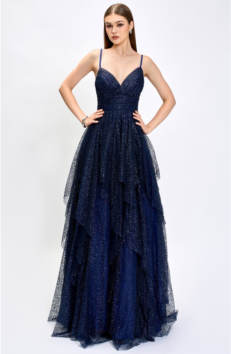 Bariano Brylee Glitter Ball Gown, Main, color, Navy