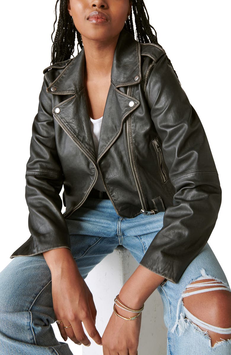 Lucky Brand Distressed Crop Leather Moto Jacket, Alternate, color, 