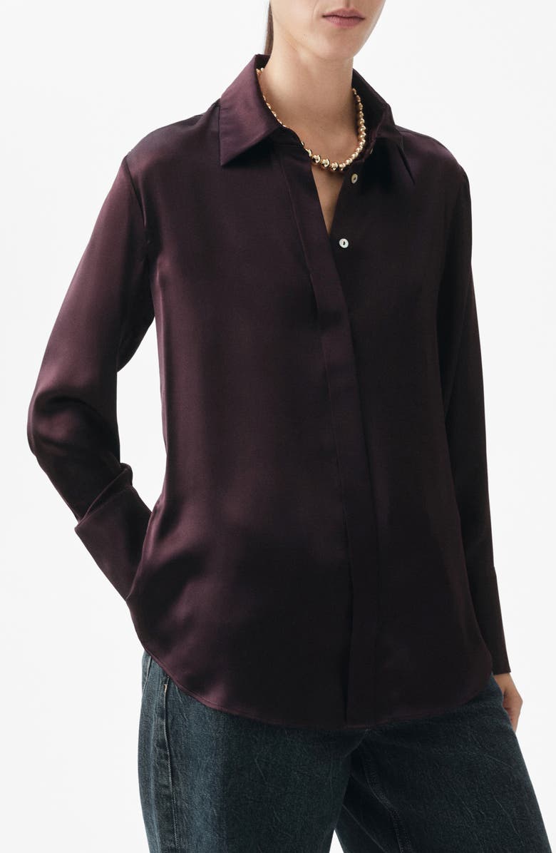 MANGO Selection Silk Satin Button-Up Shirt, Main, color, Medium Brown